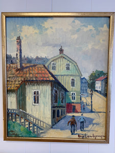 Mid Century Eric Lundgren Gothenburg Street Scene Swedish Oil Painting